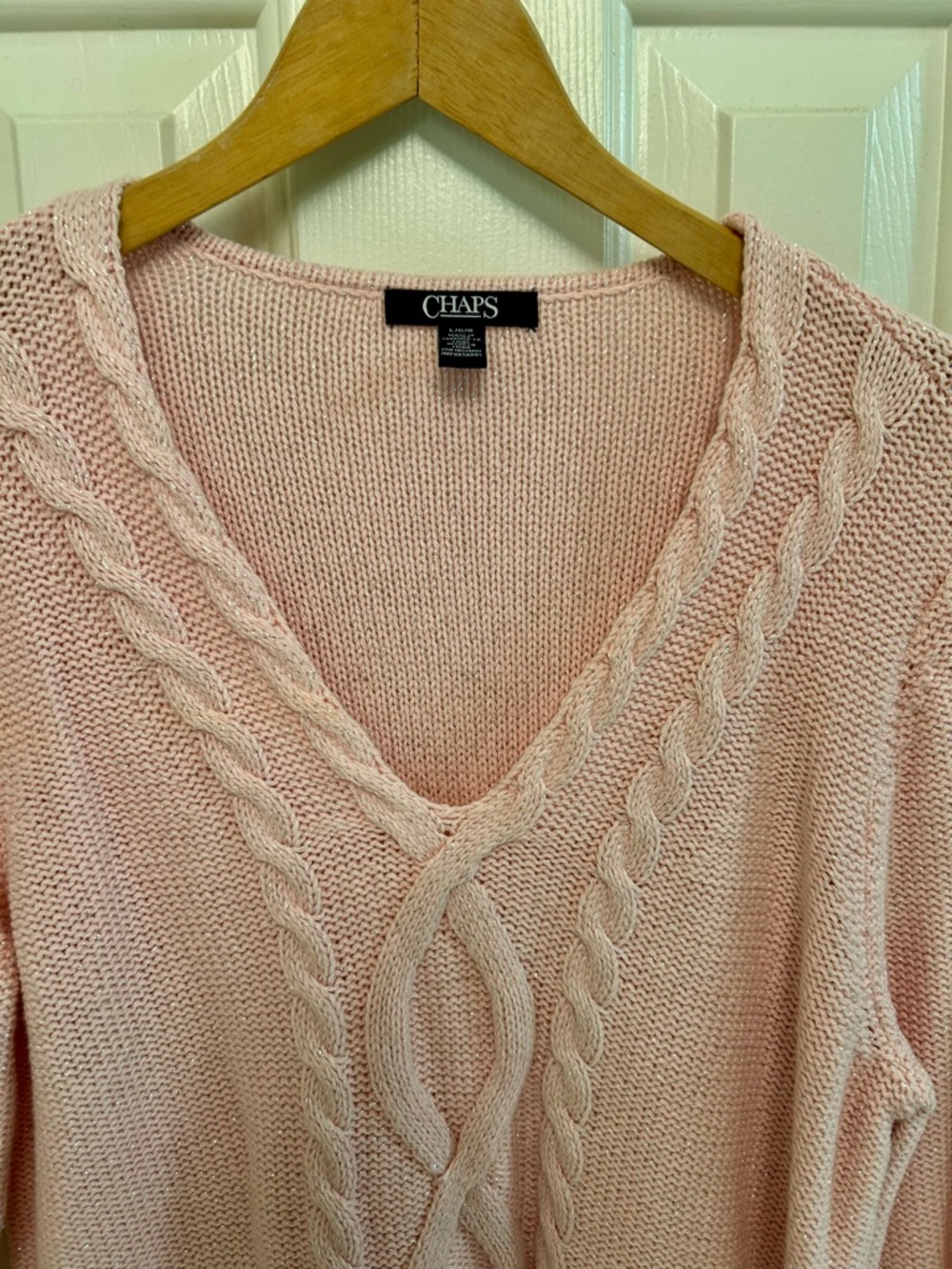 Chaps Pink Cable Knit Sweater Silver Metallic Thread Size Large - Picture 2 of 9